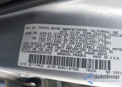 2005 Toyota Tacoma Prerunner z USA, uszkodzony, nr VIN 5TEJU62N65Z033709